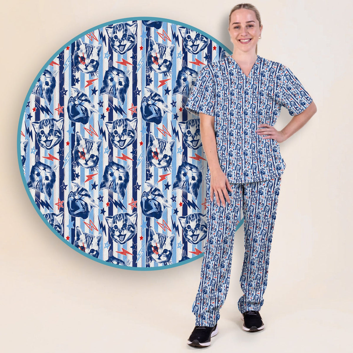 Cat Faces With Lightning Nurse Scrub Set
