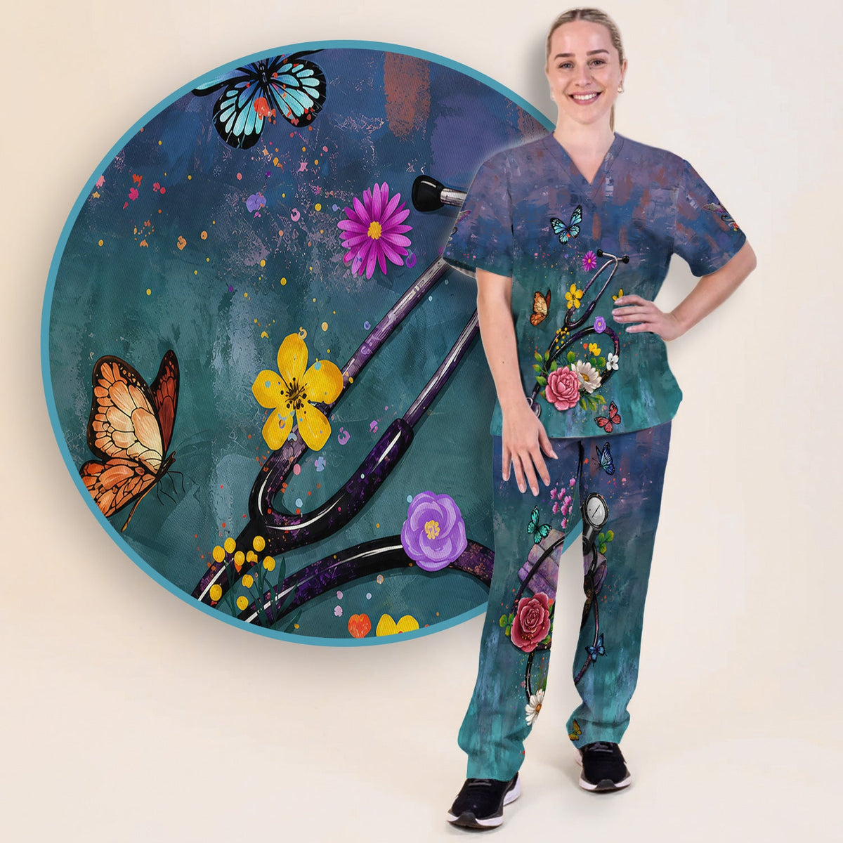 Floral Stethoscope Nurse Scrub Set