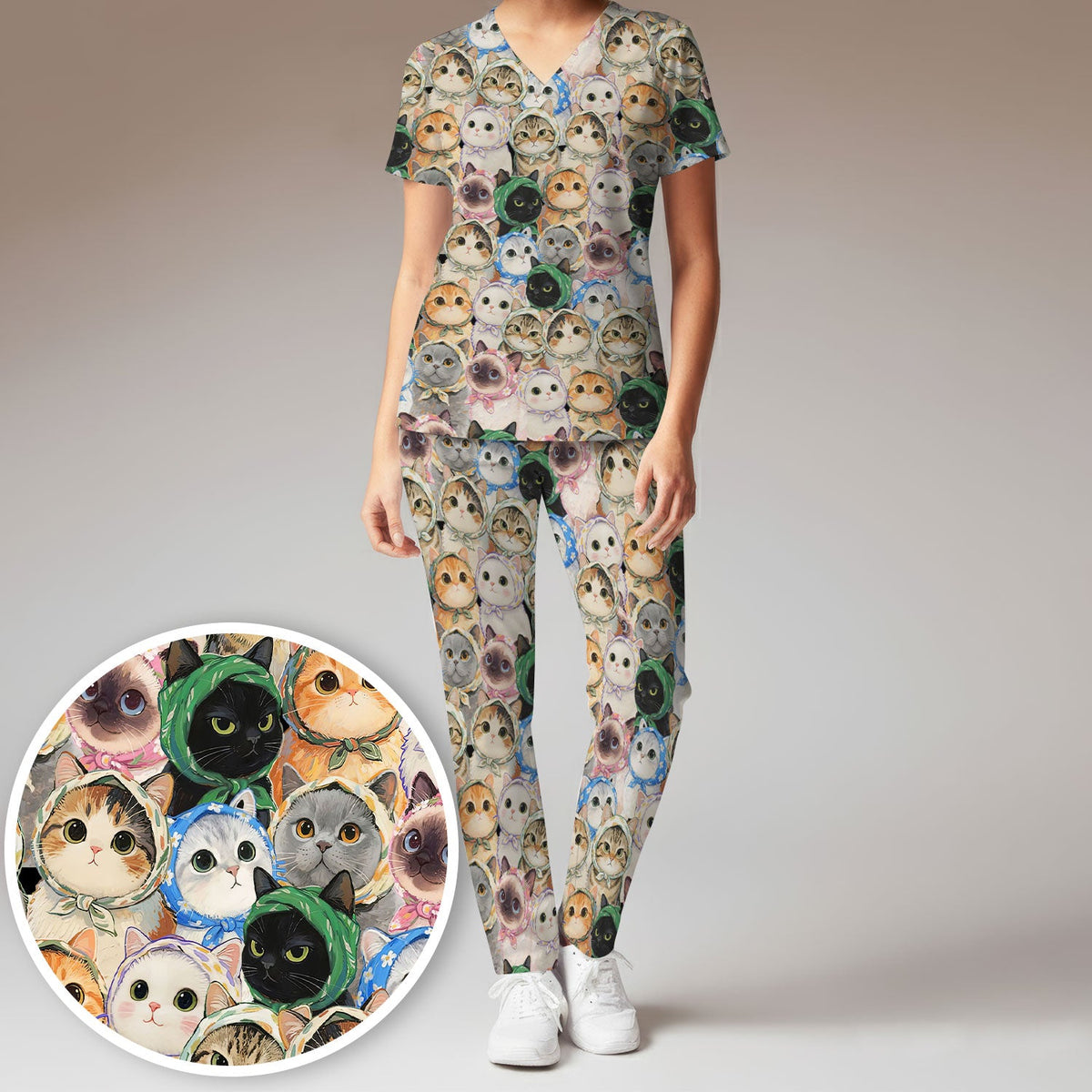 Adorable Multi Cat Portrait Nurse Scrub Set