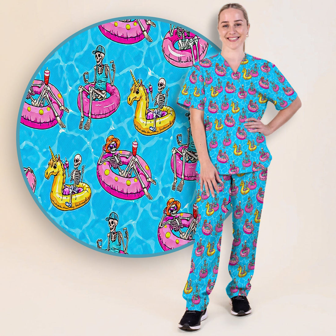 Summerween Skeleton Pool Float Nurse Scrub Set