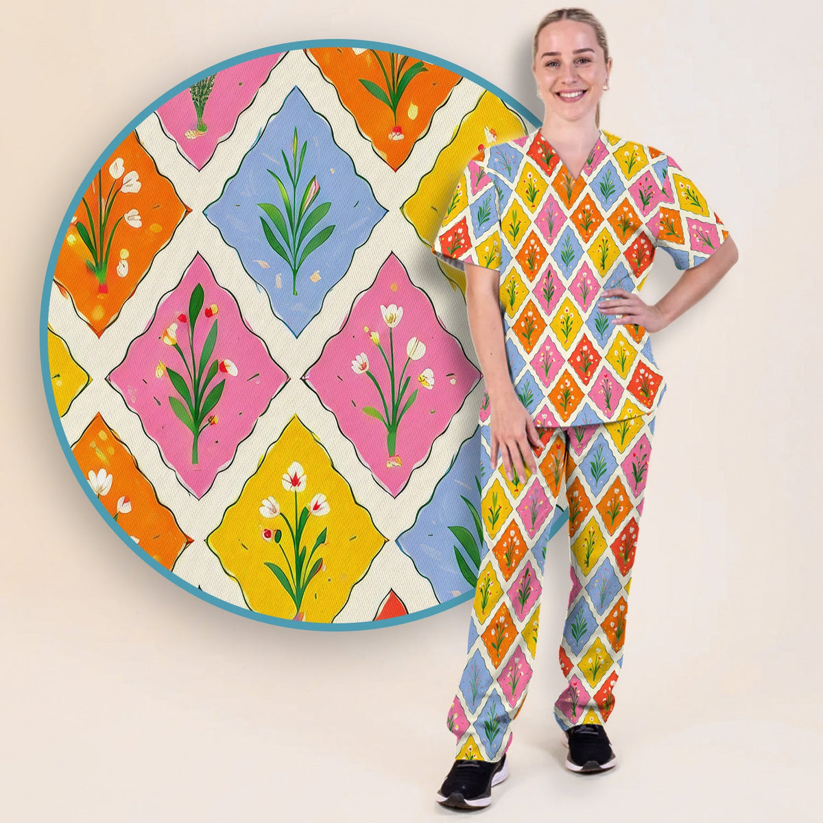 Colorful Floral Tile Nurse Scrub Set