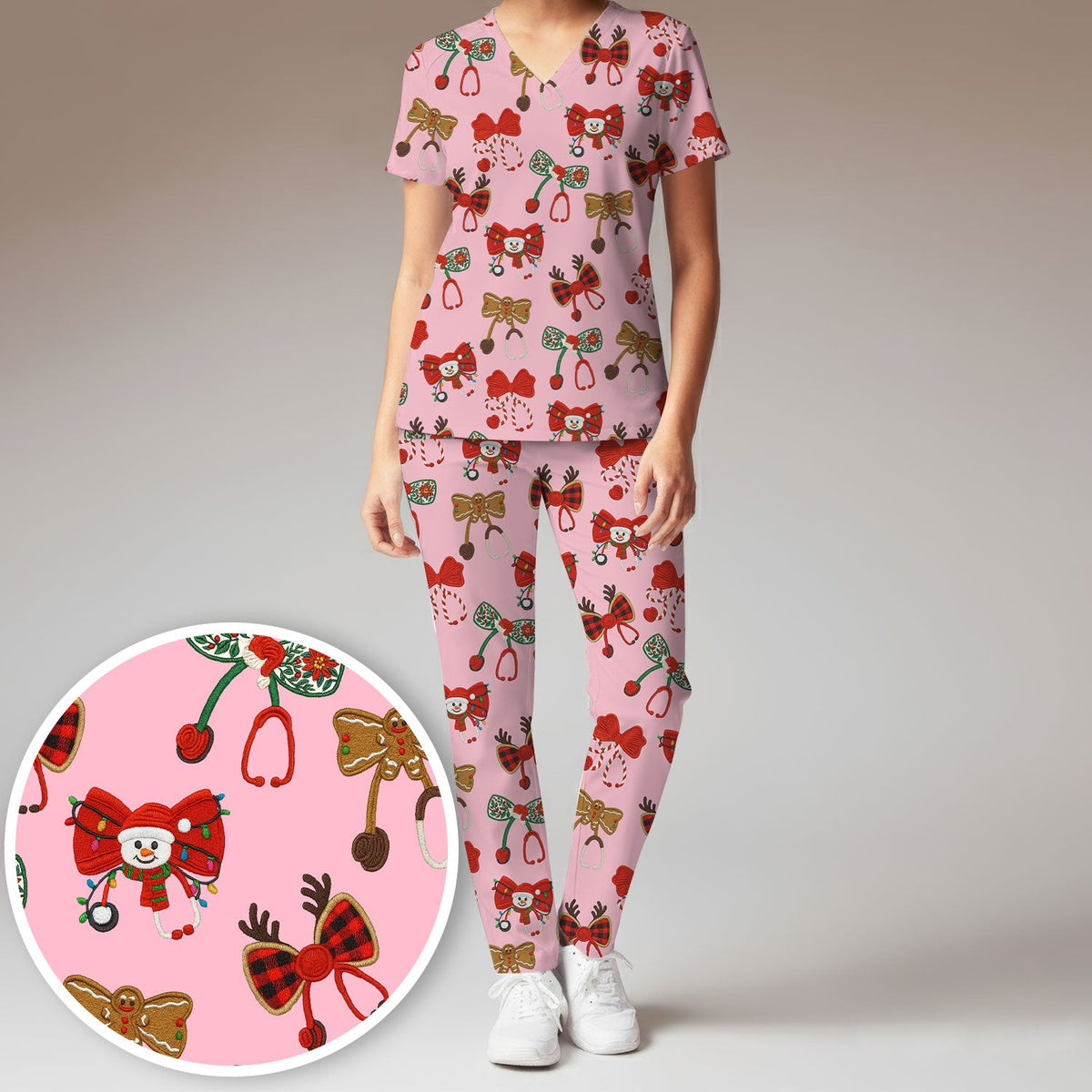 Christmas Stethoscope Bow Nurse Scrub Set