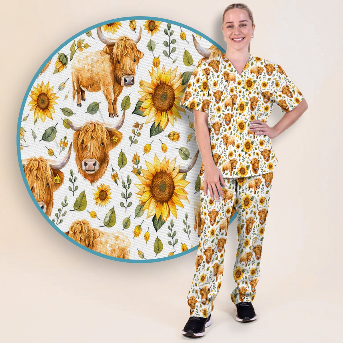 Highland Cow Sunflower Pattern Nurse Scrub Set