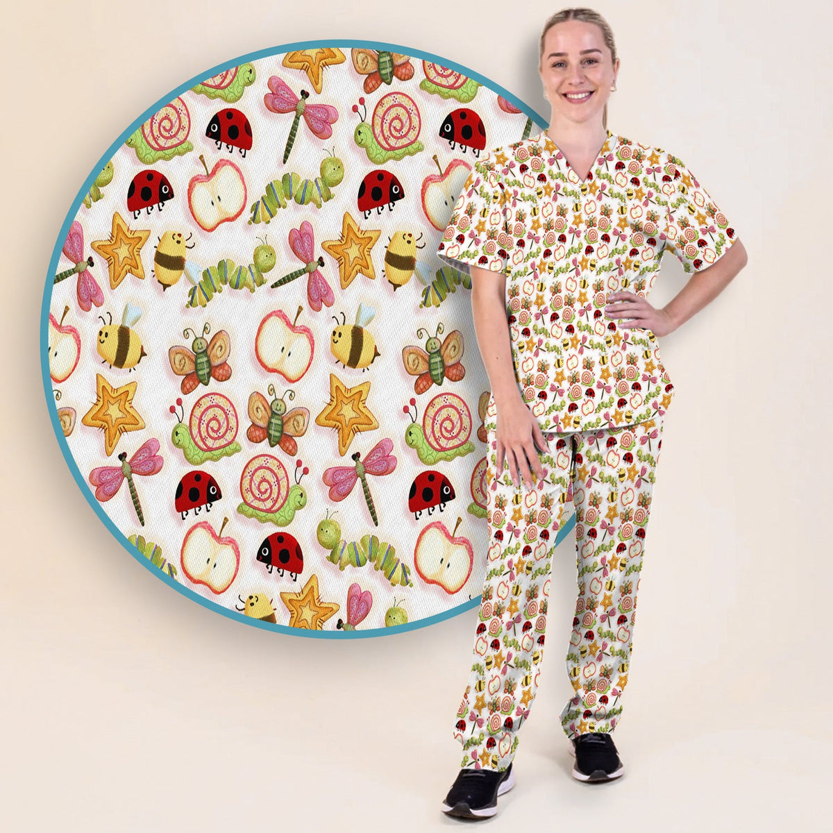 Snail Ladybug Caterpillar Apple Garden Nurse Scrub Set