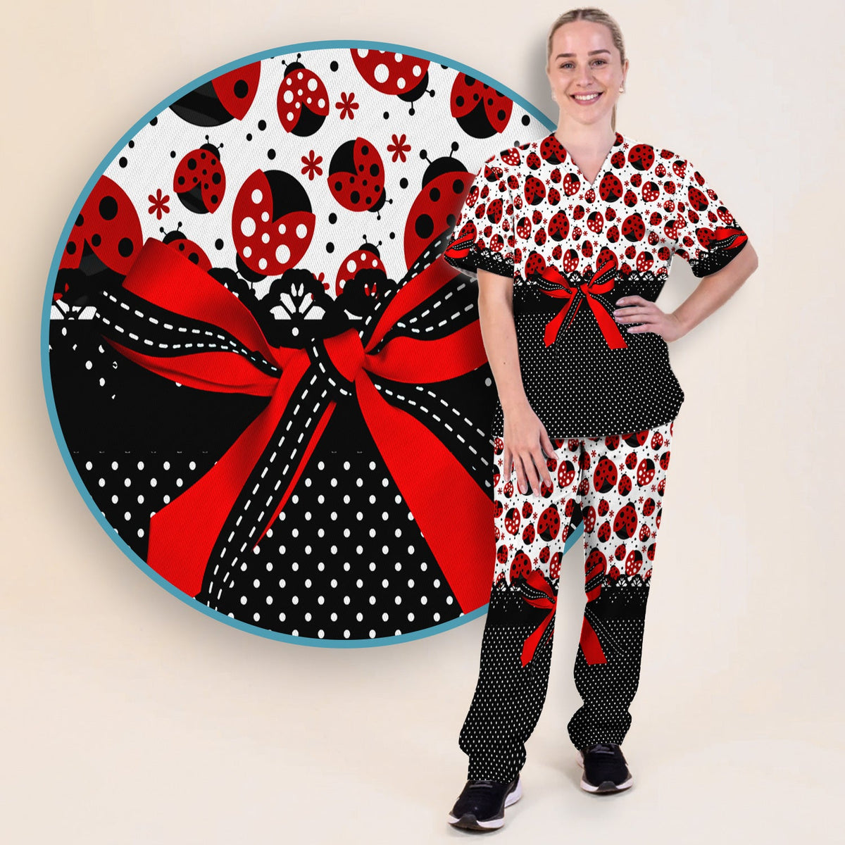 Ladybug Red Ribbon Polka Nurse Scrub Set