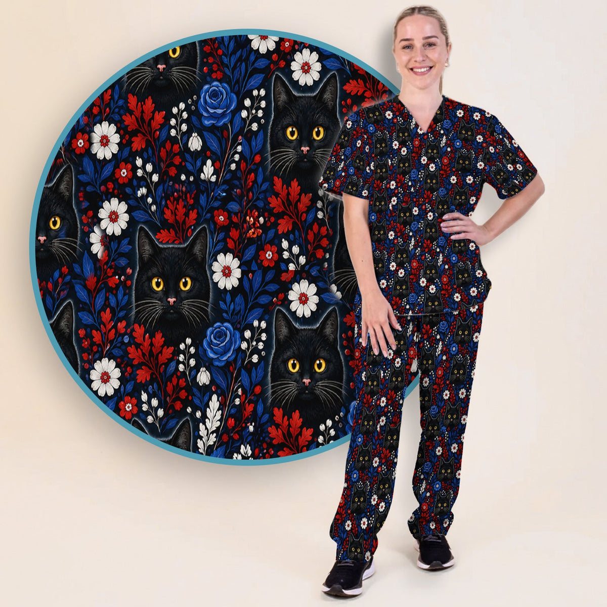Black Cat Nurse Floral Scrub Set