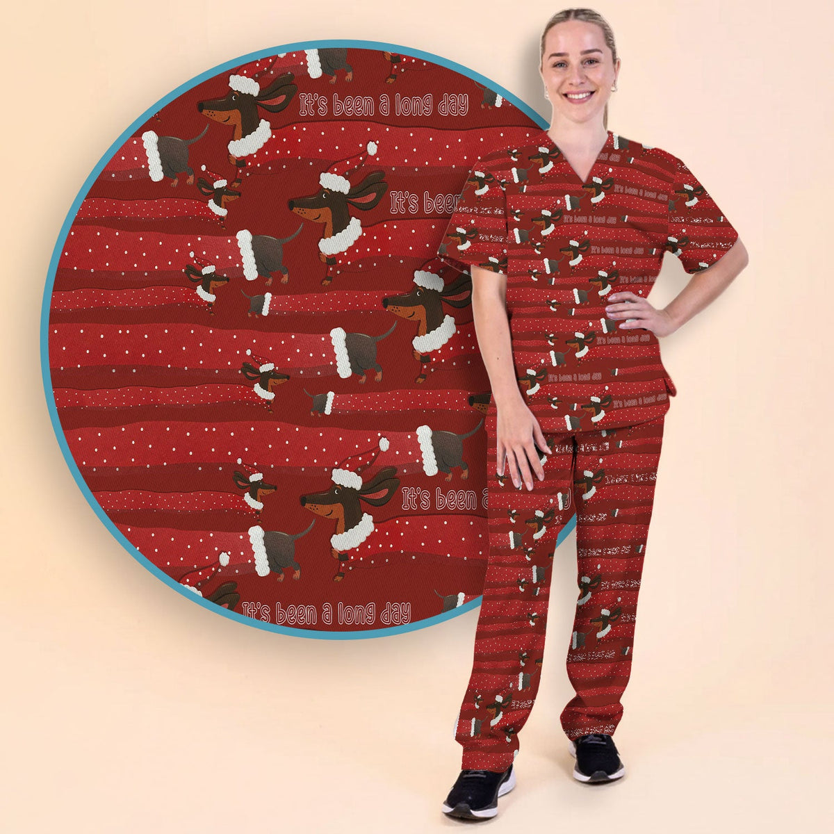 Funny Dachshund Christmas Scrub Set - It's Been a Long Day - Cute Wiener Dog Scrubs Pants and V Neck Top - Medical Uniform for Women