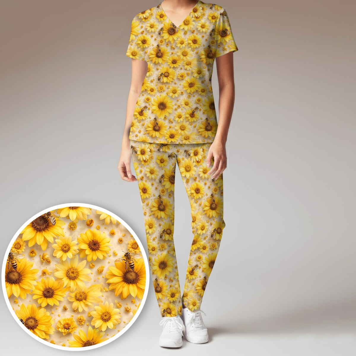 Yellow Sunflower Bee Garden Nurse Scrub Set