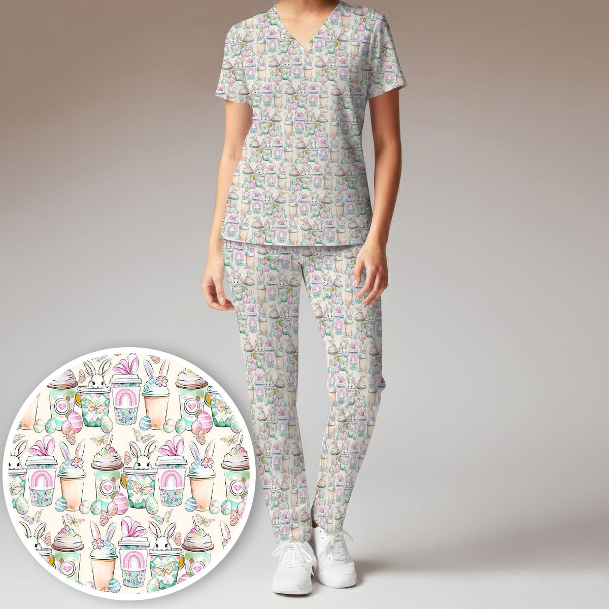 Bunny Coffee Cup Nurse Scrub Set - Easter Gift