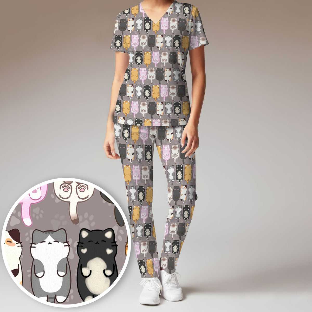 Cartoon Cats All Over Nurse Scrub Set