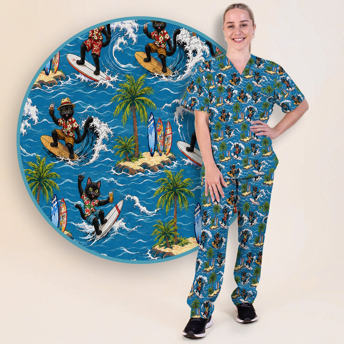 Tropical Black Cat Surfer Island Nurse Scrub Set