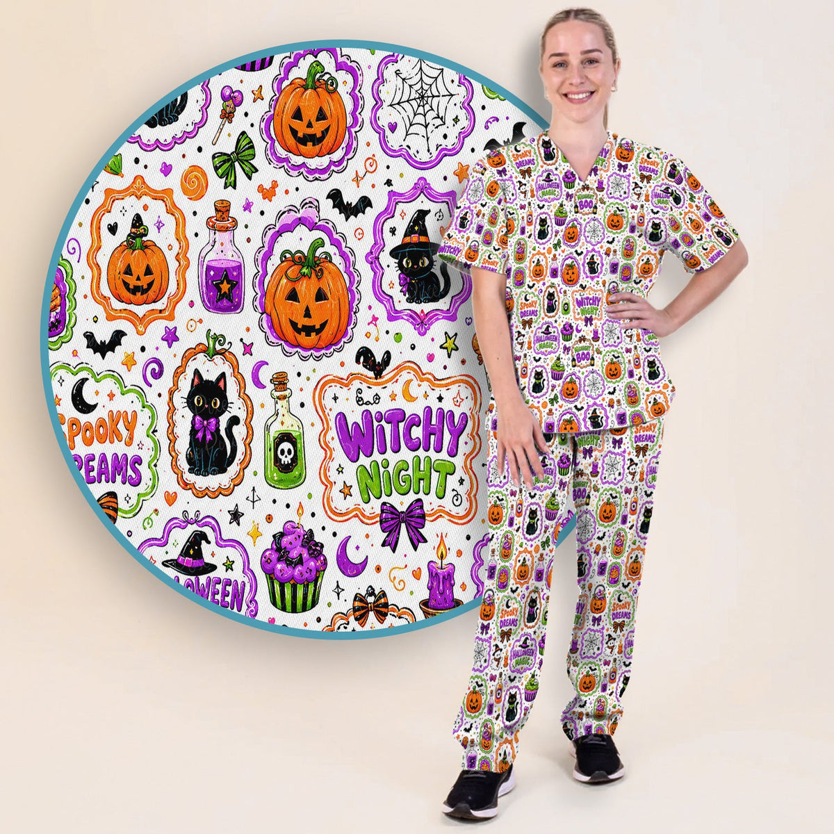 Halloween Black Cats Pumpkins Nurse Scrub Set