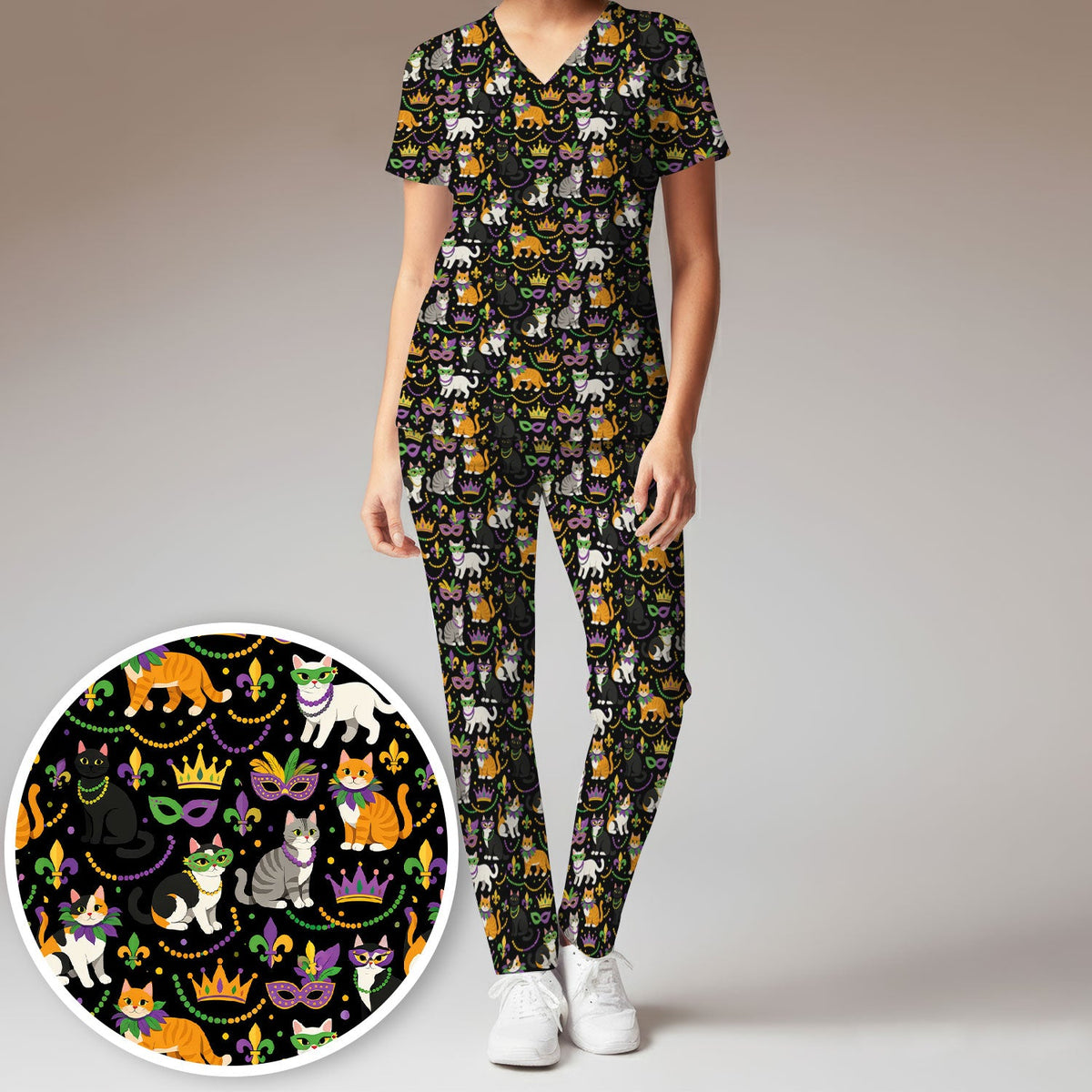 Cat Mardi Gras Nurse Scrub Set
