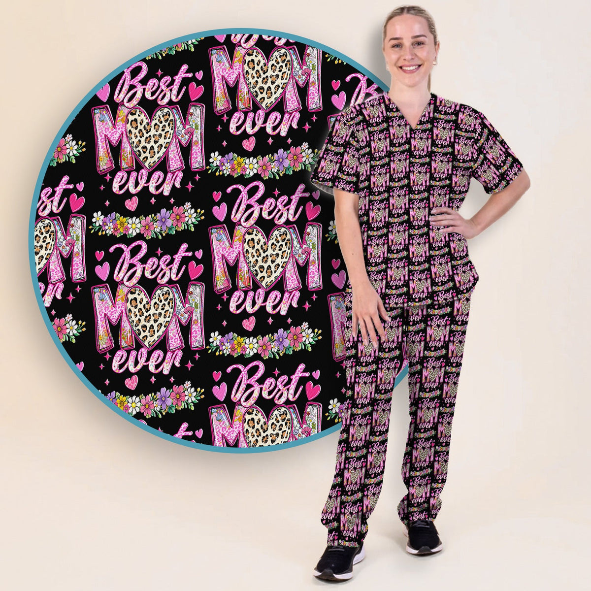 Best Mom Ever Leopard Heart Nurse Scrub Set