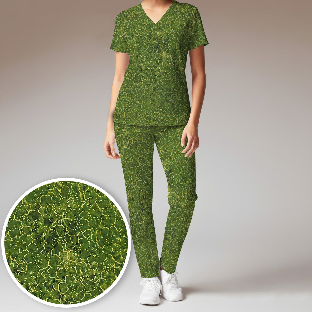 Green Floral Blossom Nurse Scrub Set