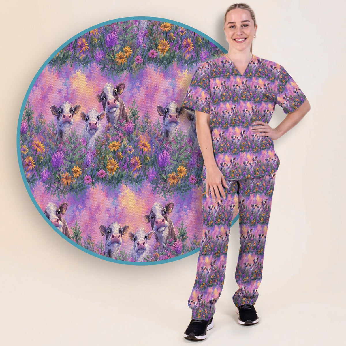 Pastel Cow Meadow Flower Nurse Scrub Set