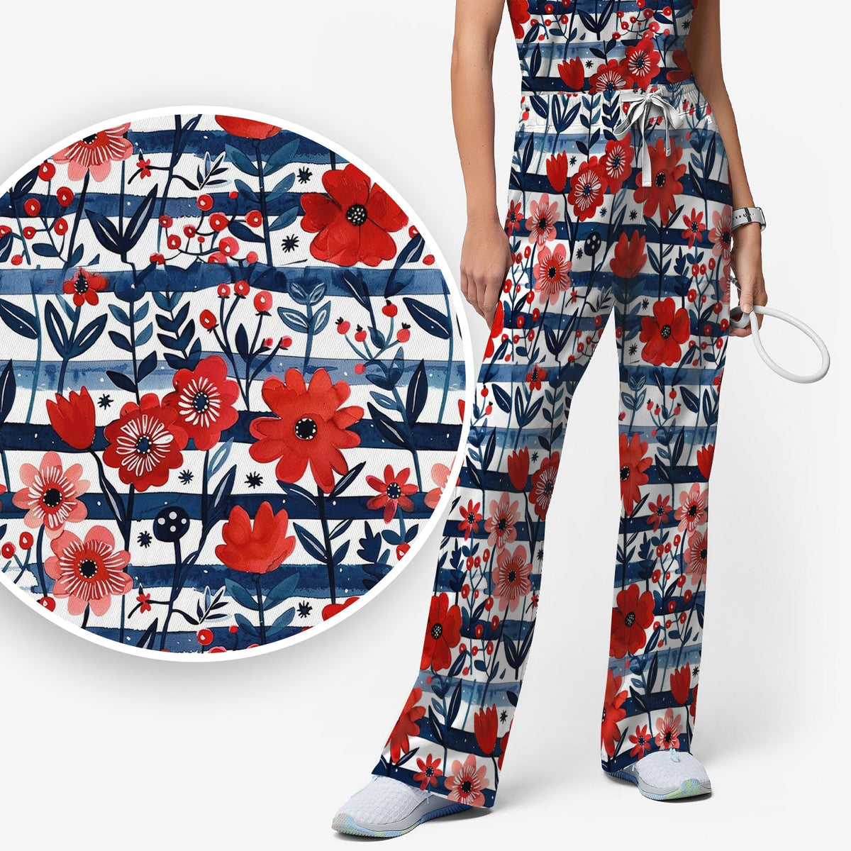 Red Poppy Navy Stripe Nurse Scrub Set