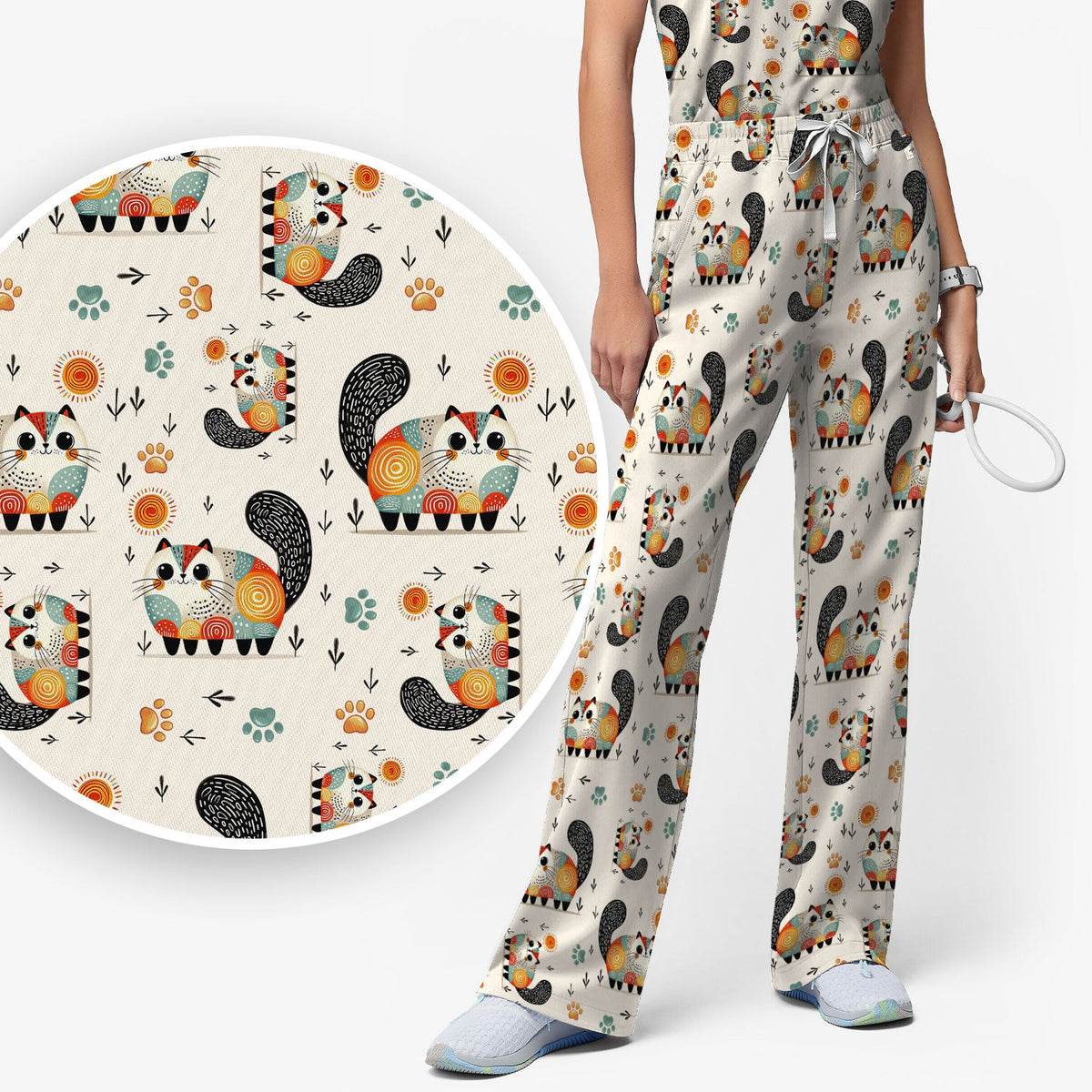 Cat Illustration Nurse Scrub Set