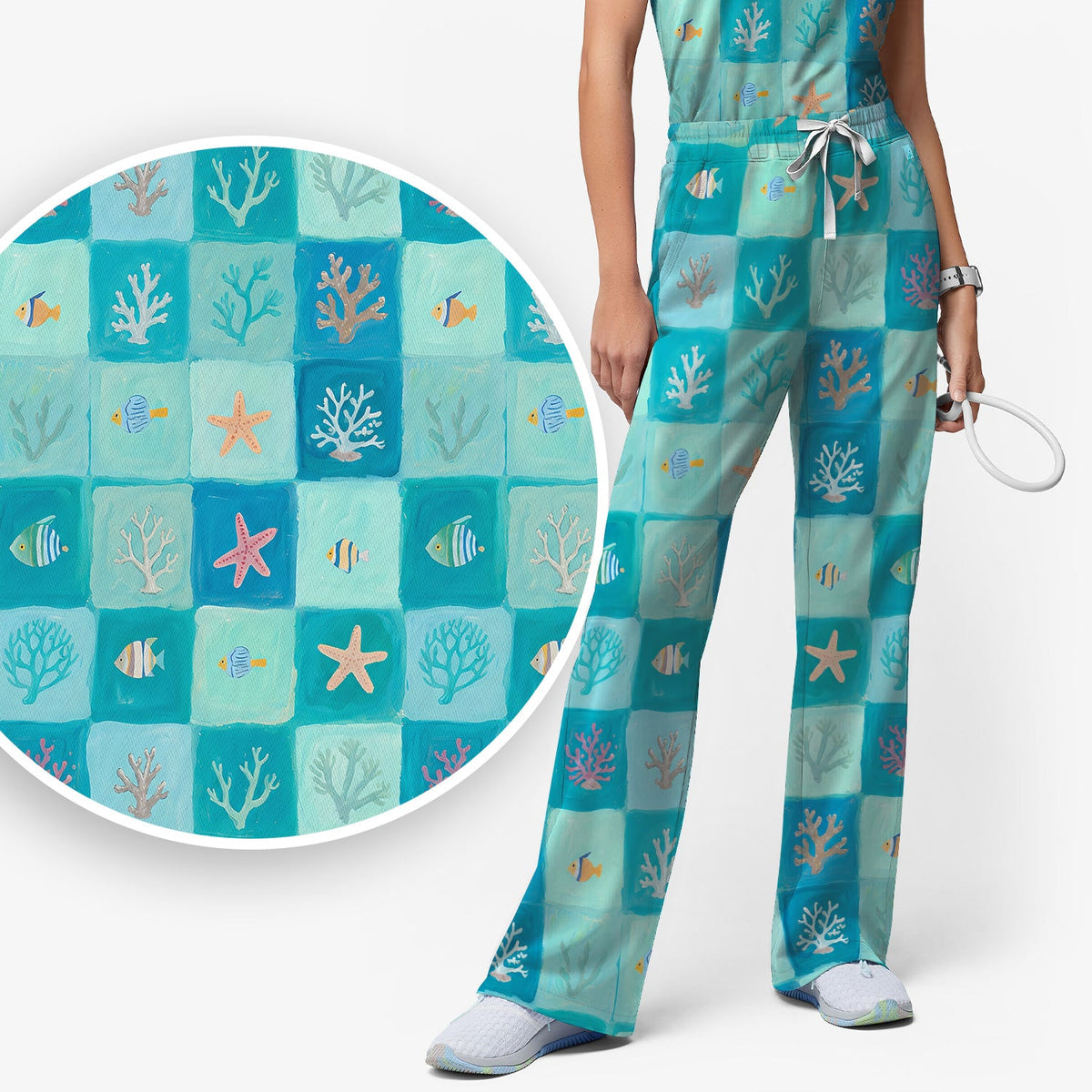 Ocean Coral Fish Starfish Nurse Scrub Set