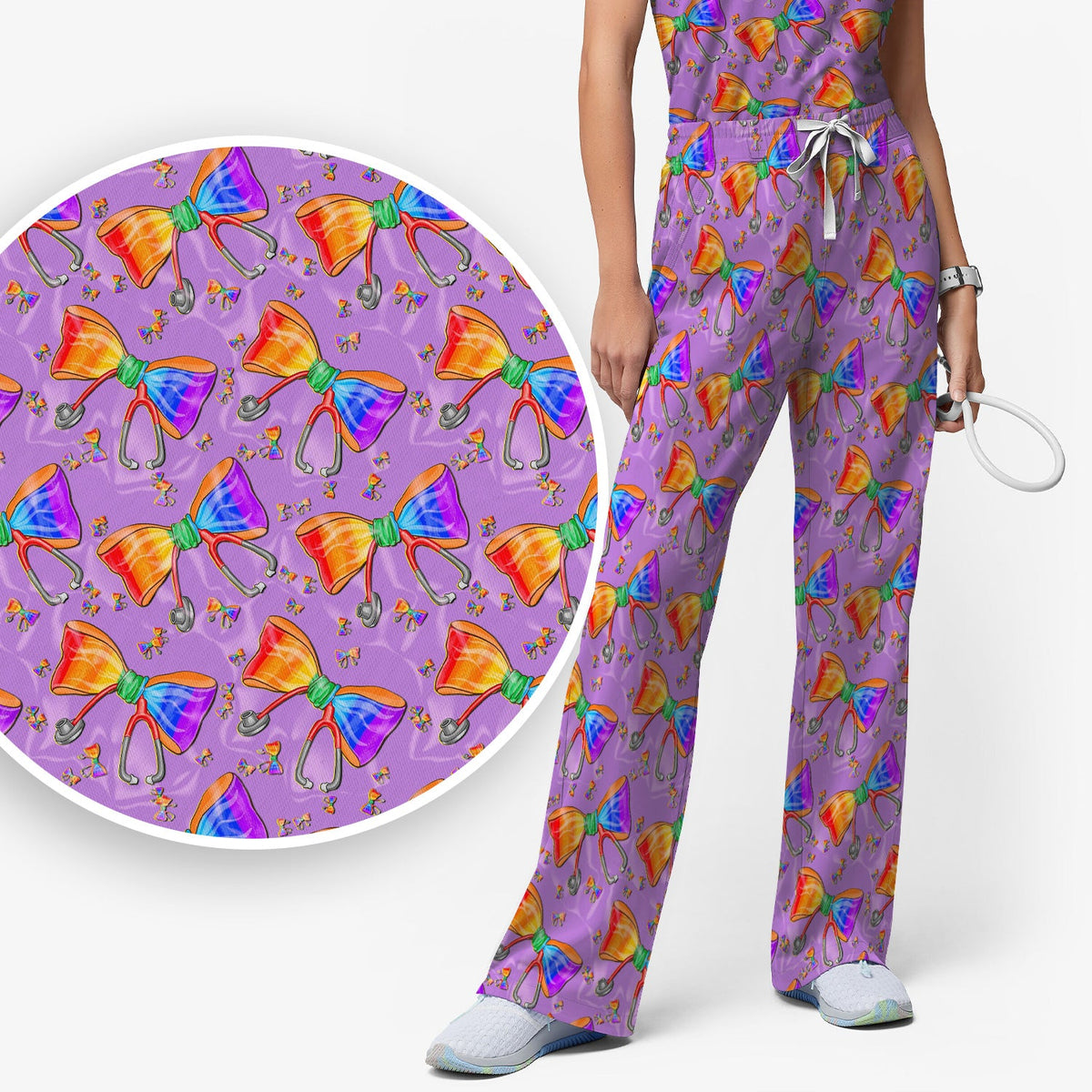 Colorful Rainbow Bow Stethoscope Nurse Scrub Set
