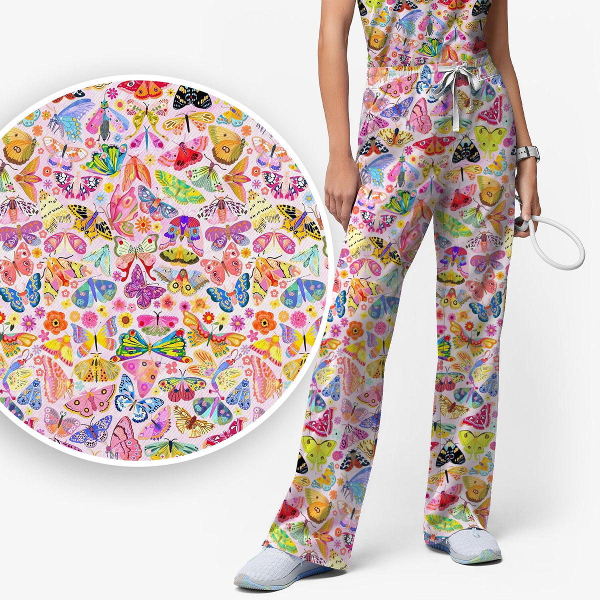 Cute Bright Butterfly Moth Floral Nurse Scrub Set