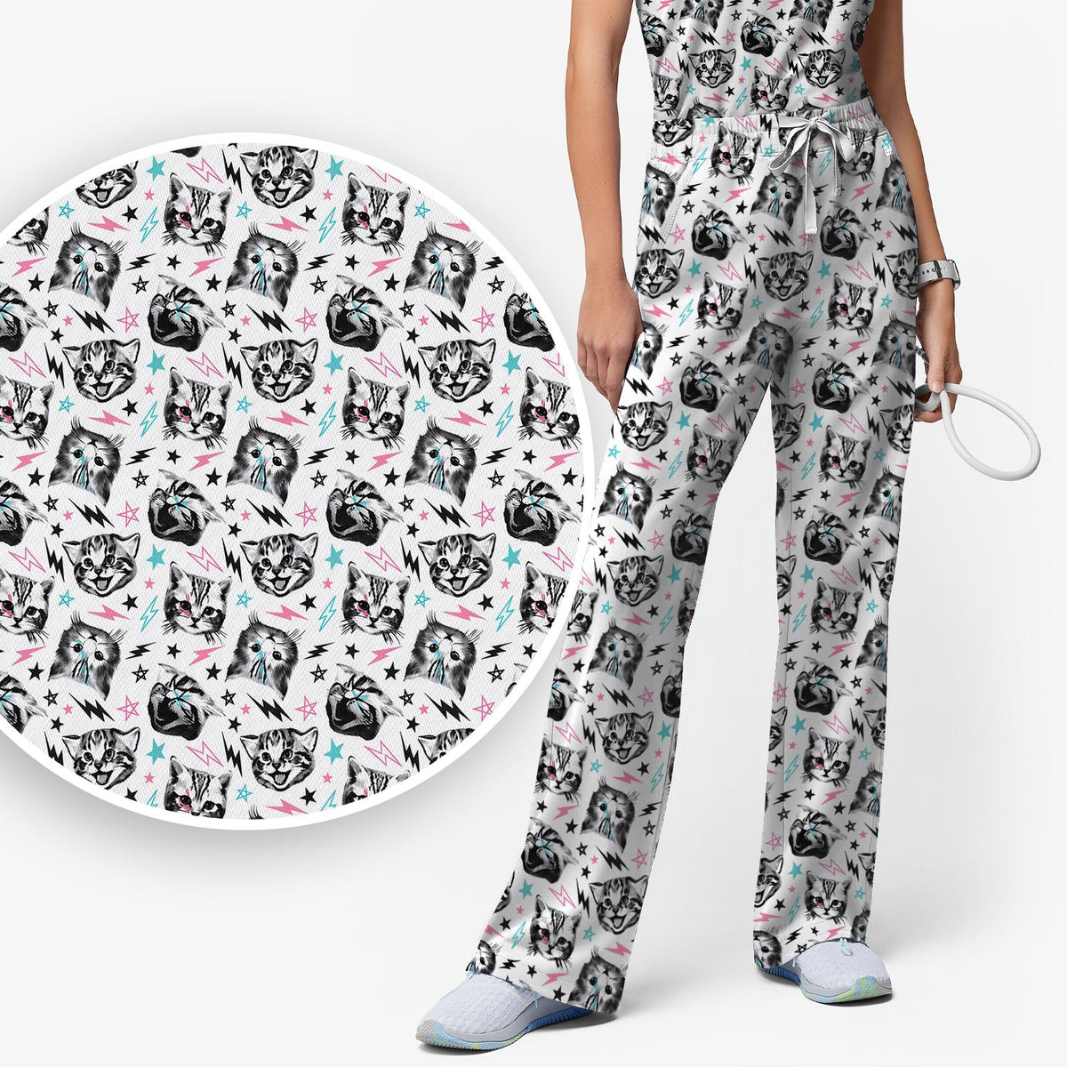 Cat Faces Lightning Nurse Scrub Set