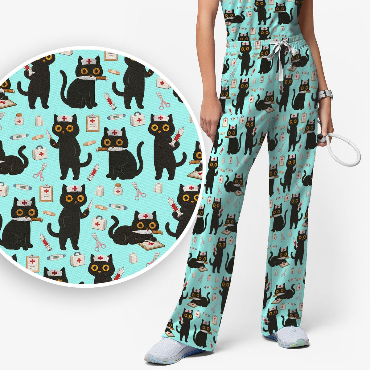 Cute Teal Black Cat Nurse Scrub Set