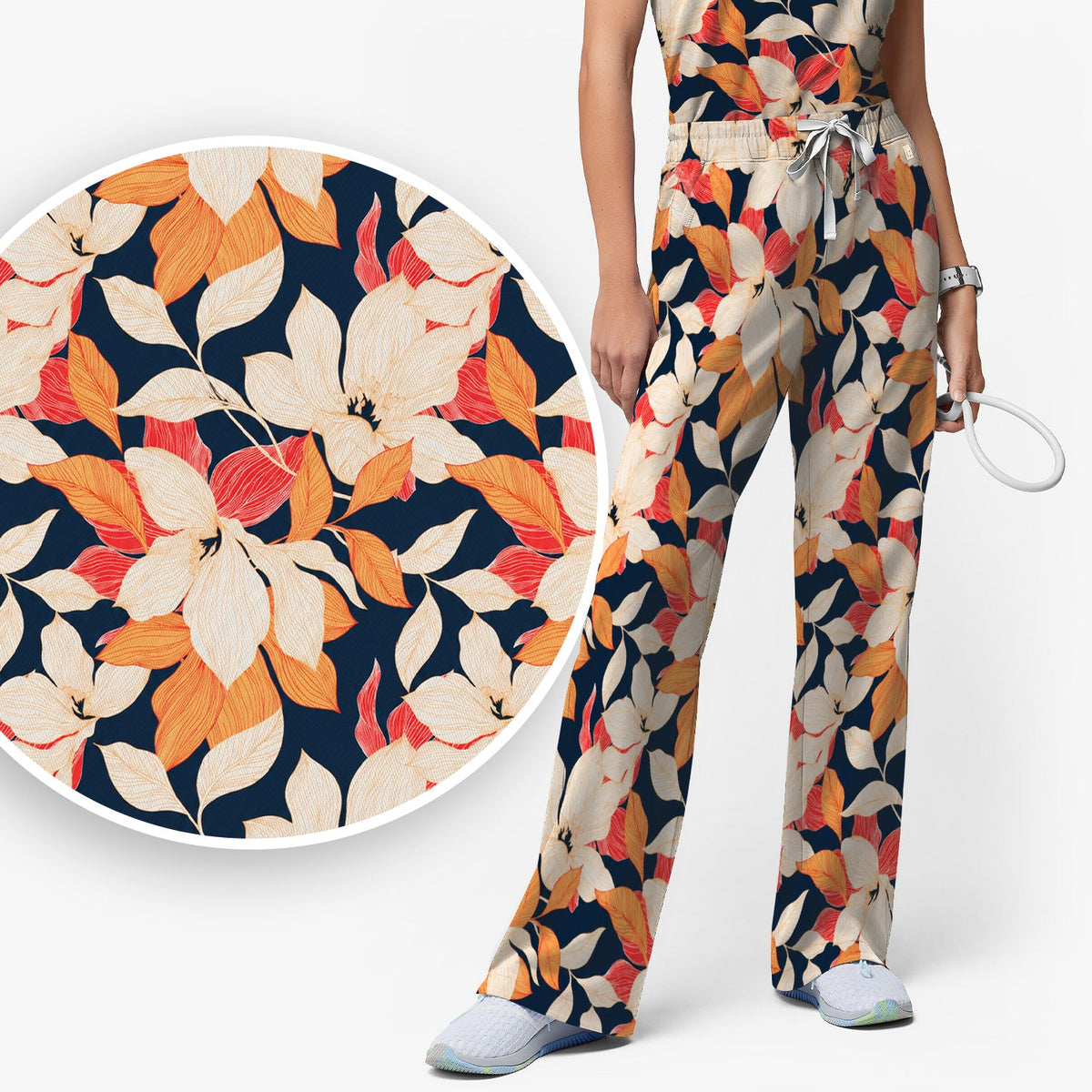 Elegant Ivory Lily Leaves Nurse Scrub Set