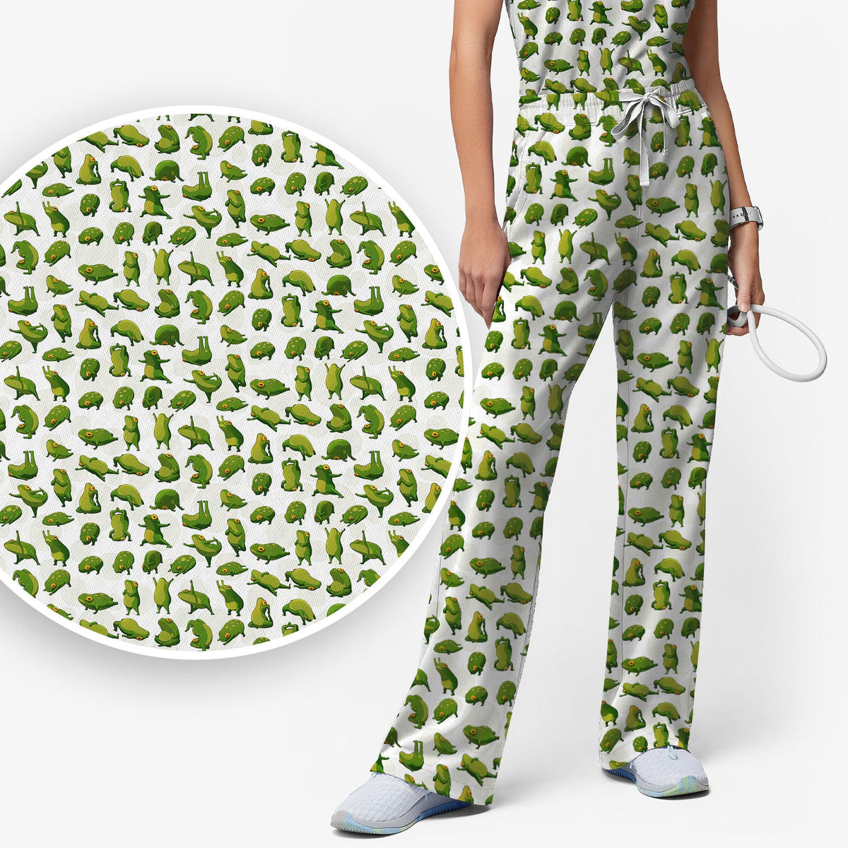 Cute Frog Cartoon Pattern Scrub Set, Breathable Med Uniform