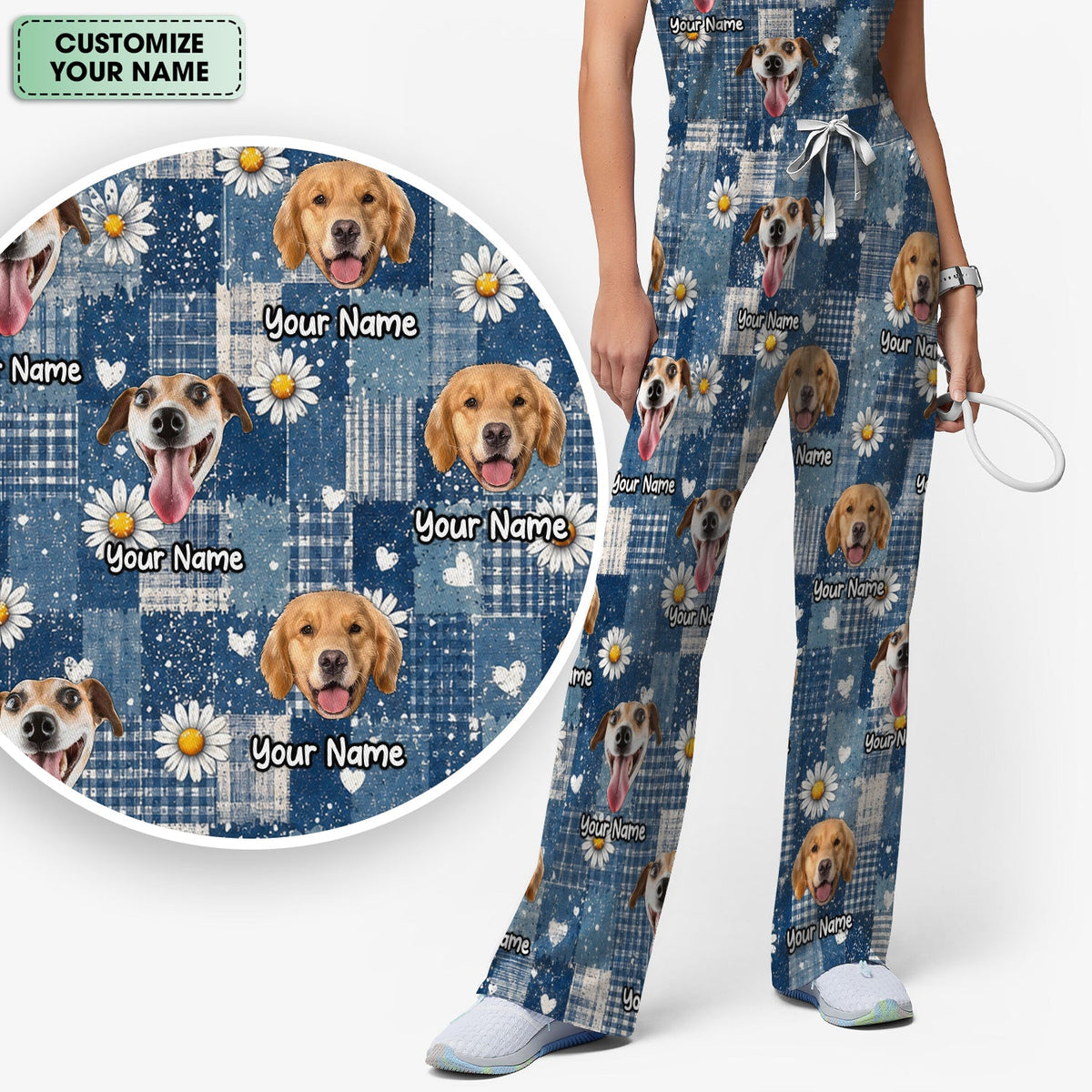 Personalized Dog Photo Patchwork Daisy Nurse Scrub Set