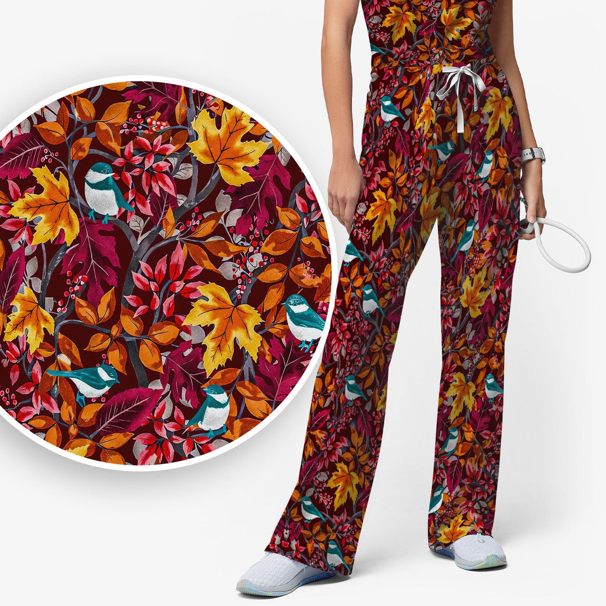 Autumn Leaves Blue Bird Nurse Scrub Set