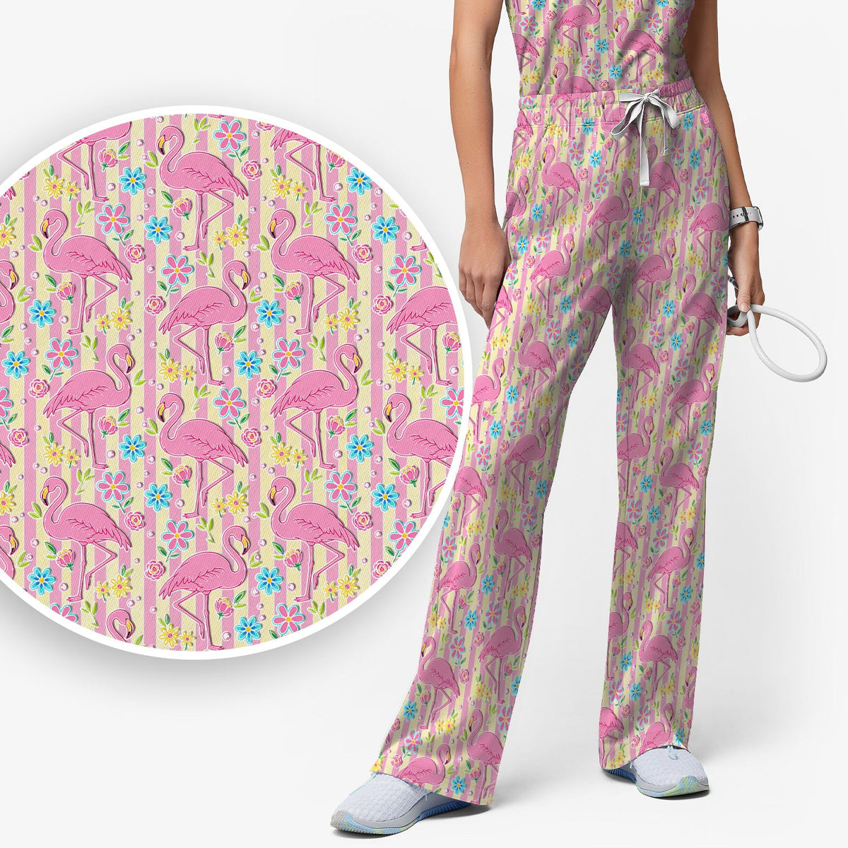 Pink Flamingo Flower Stripe Nurse Scrub Set