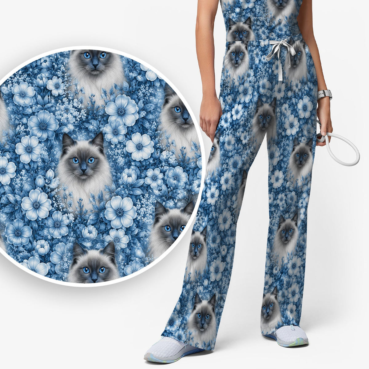 Blue Floral Ragdoll Cat Nurse Scrub Set