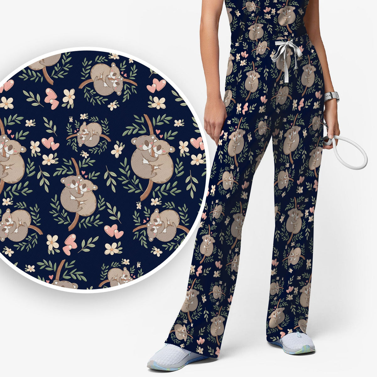 Koala Couple Floral Nurse Scrub Set