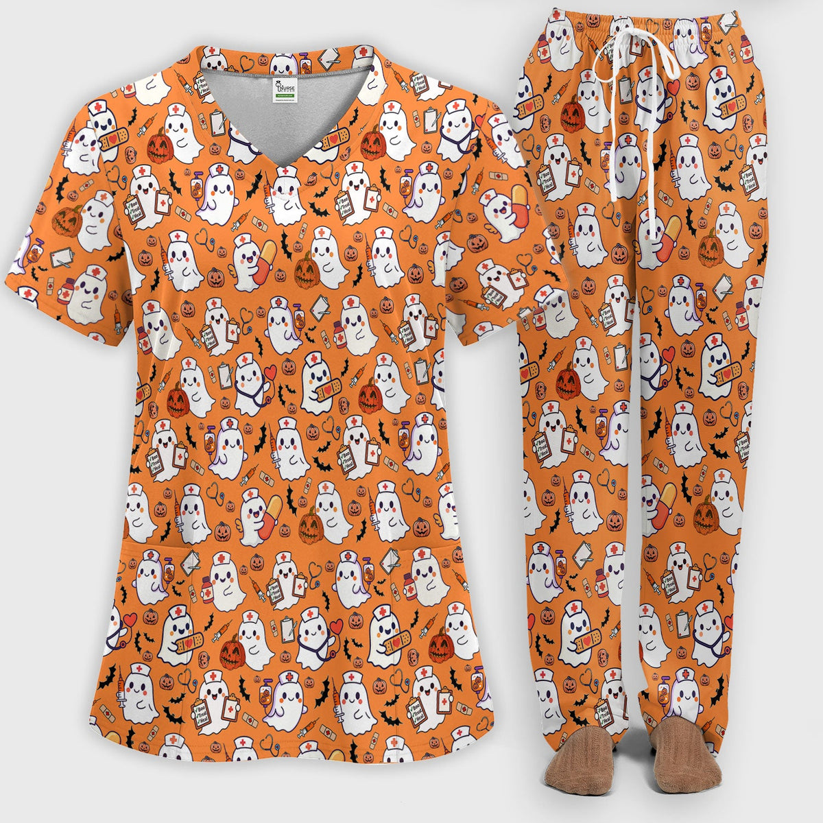Pumpkin Ghost Nurse Scrub Set - Halloween Gift