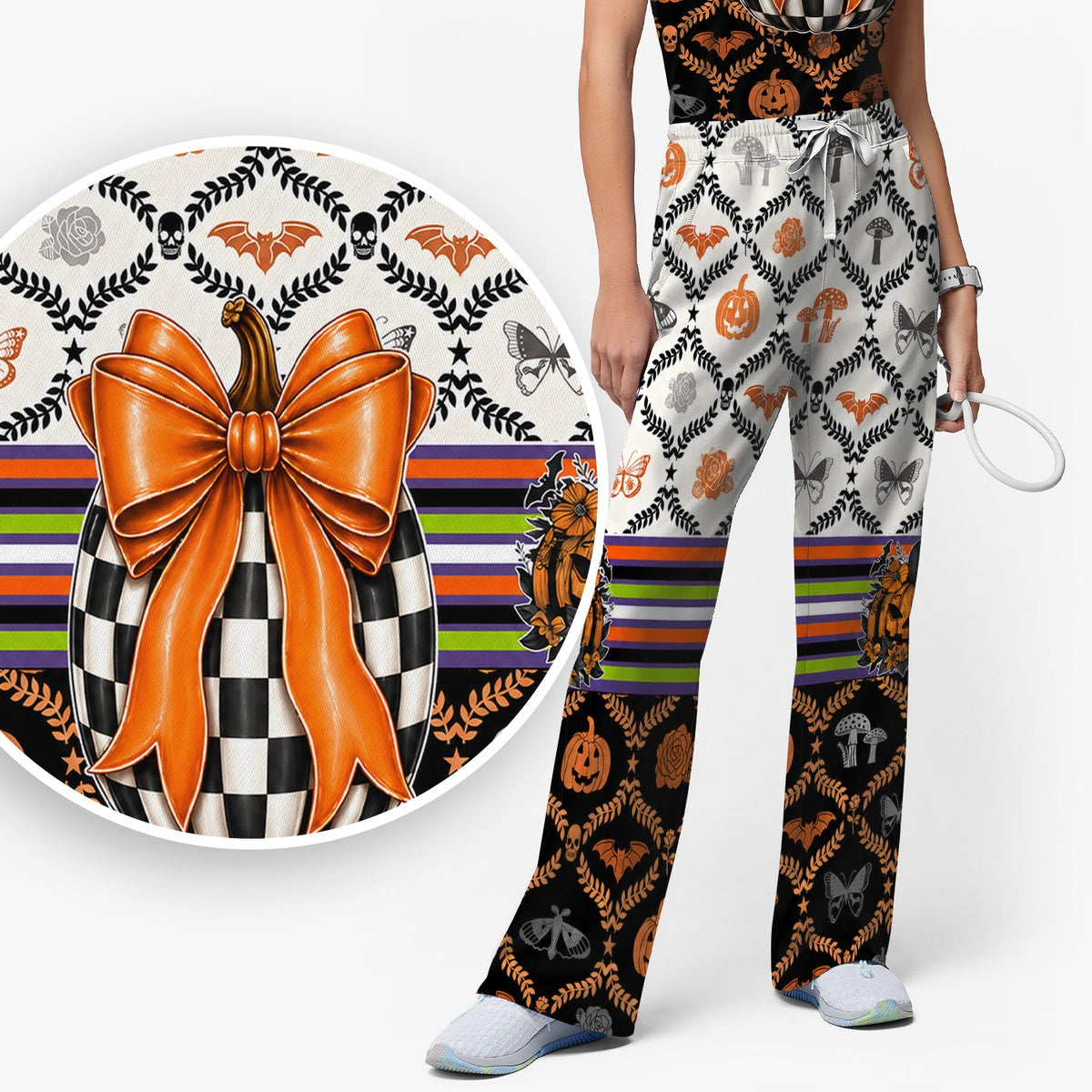 Checkered Pumpkin Bow Nurse Scrub Set - Halloween Gift