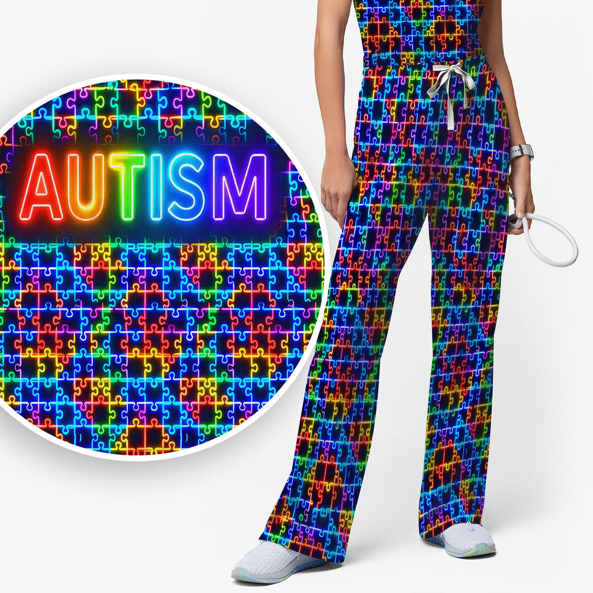 Autism Puzzle Neon Nurse Scrub Set