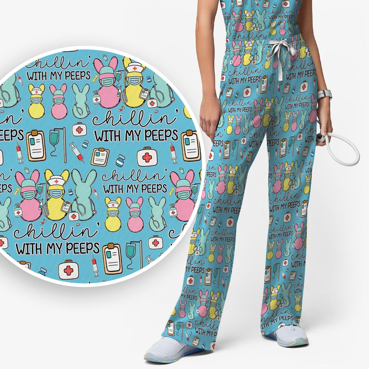 Bunny Nurse Chillin With My Peeps Scrub Set - Easter Gift