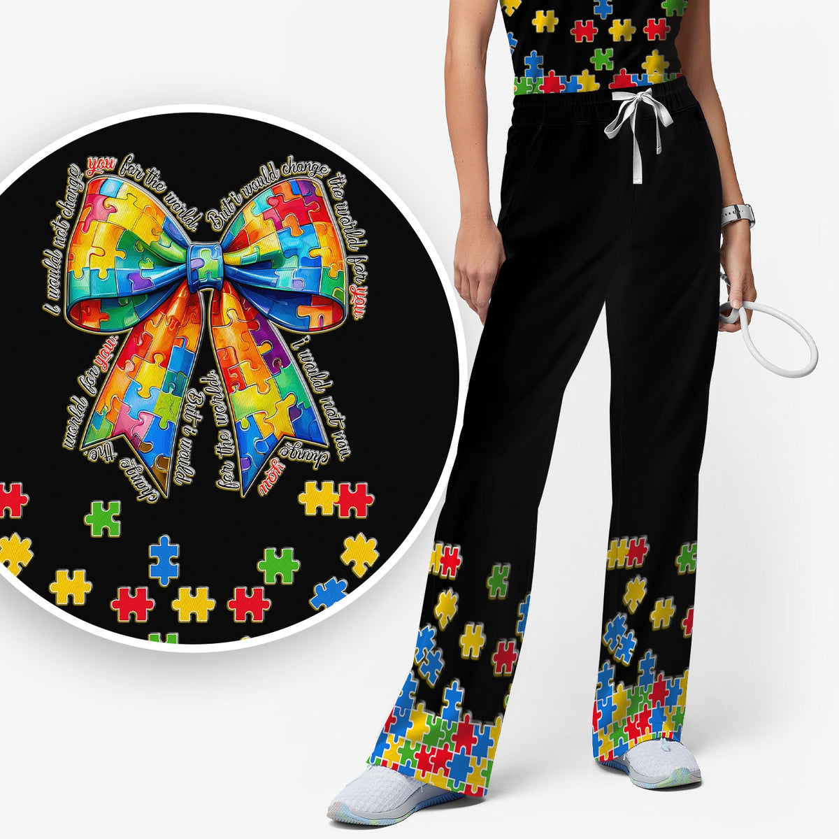 Autism Puzzle Bow Colorful Pieces Nurse Scrub Set