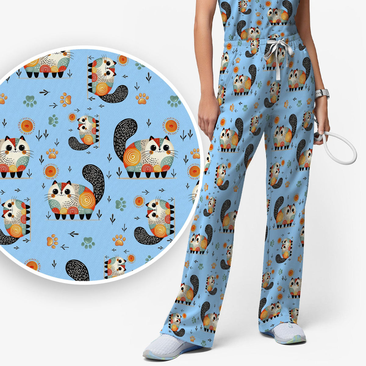 Cat Illustration Nurse Scrub Set