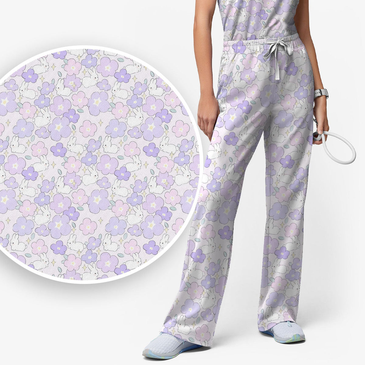 Bunny Floral Pastel Nurse Scrub Set