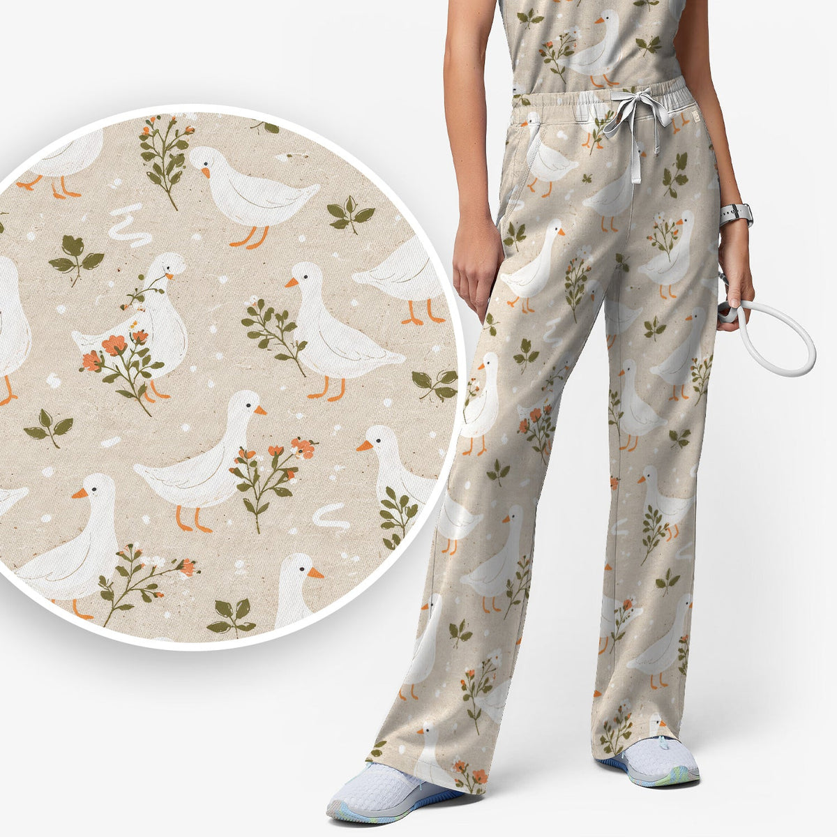 White Goose Floral Meadow Nurse Scrub Set