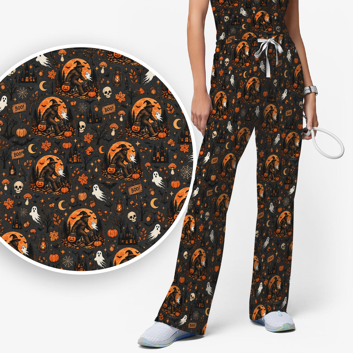Bigfoot Ghost with Pumpkin Nurse Scrub Set - Halloween Gift