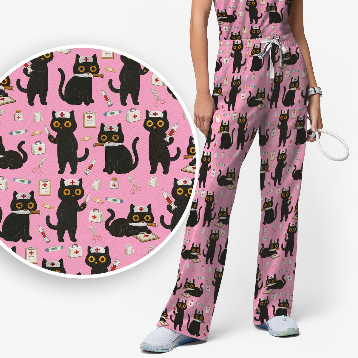 Cute Teal Black Cat Nurse Scrub Set