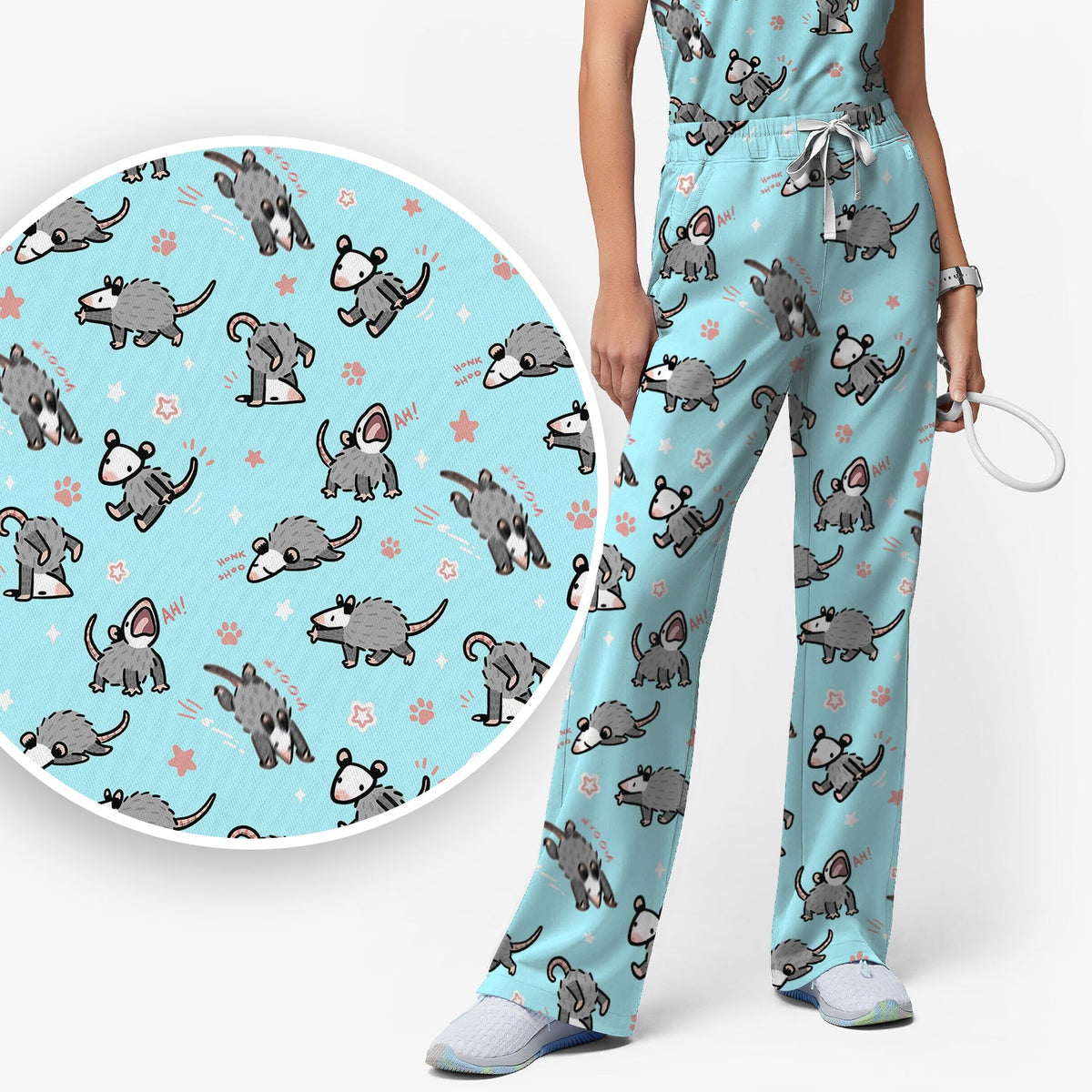 Cartoon Opossum Nurse Scrub Set