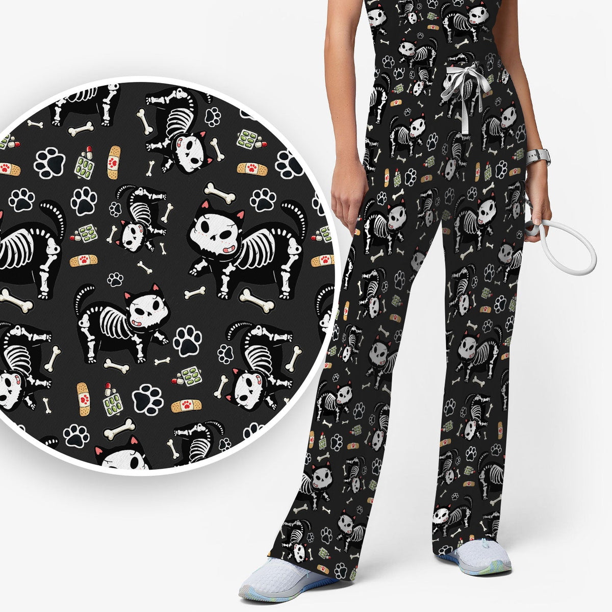 Skeleton Cat Medical Pattern Scrub Set, Scrub Pants and V Neck Top