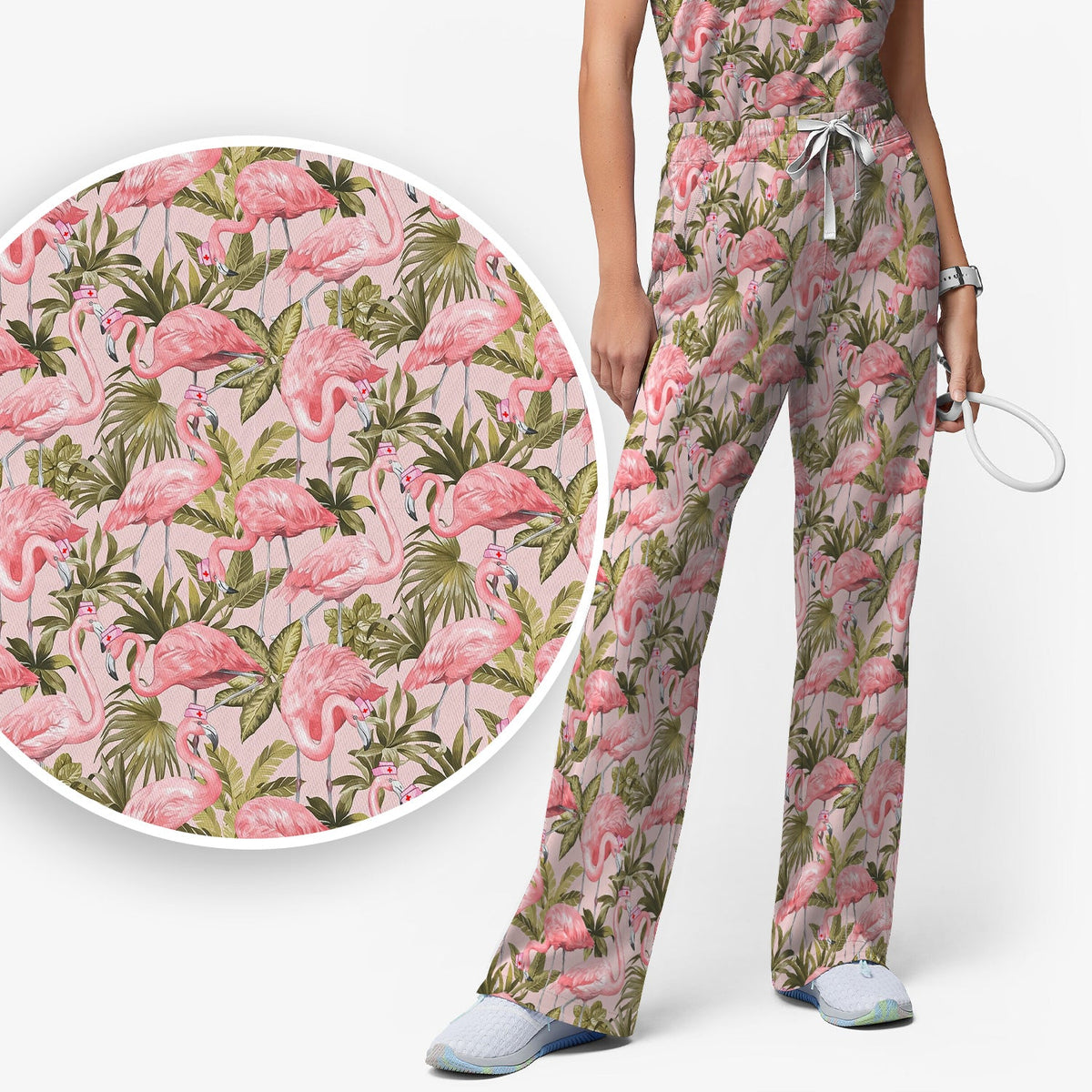 Pink Flamingo Jungle Leaves Nurse Scrub Set