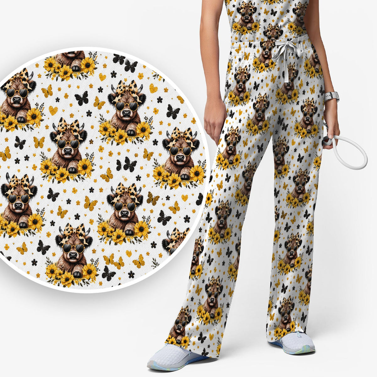 Cow Sunflower Bow Nurse Scrub Set
