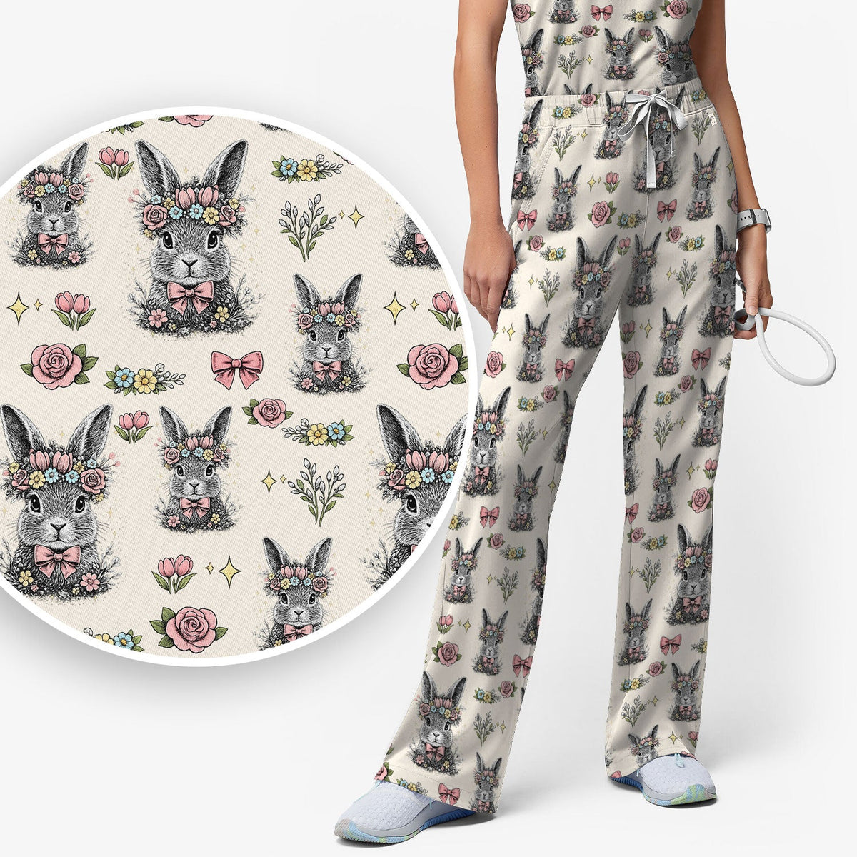 Vintage Floral Bunny Nurse Scrub Set