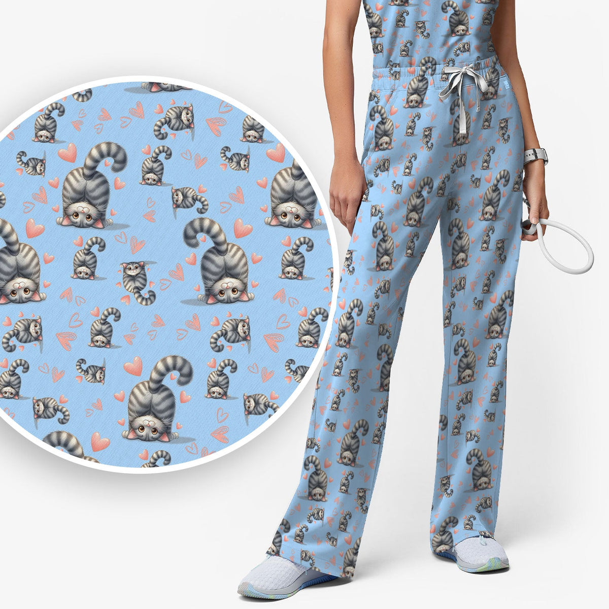 Valentine Cute Cat Heart Nurse Scrub Set